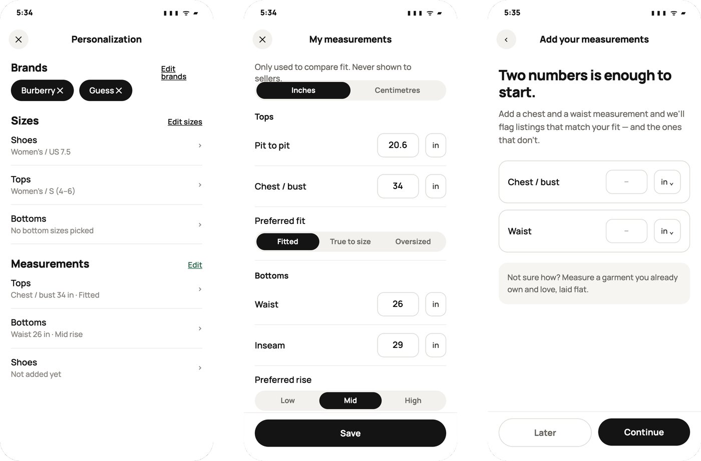 Personalization → my measurements → onboarding